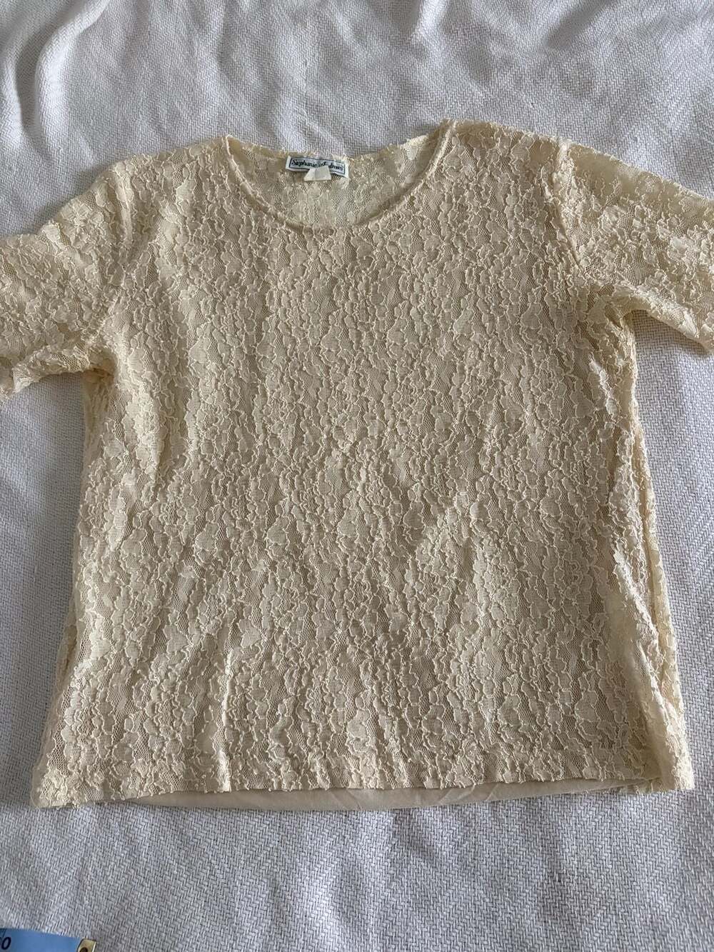 Stephanie Andrews Women's Cream Lace Short Sleeve Textured Blouse, Large